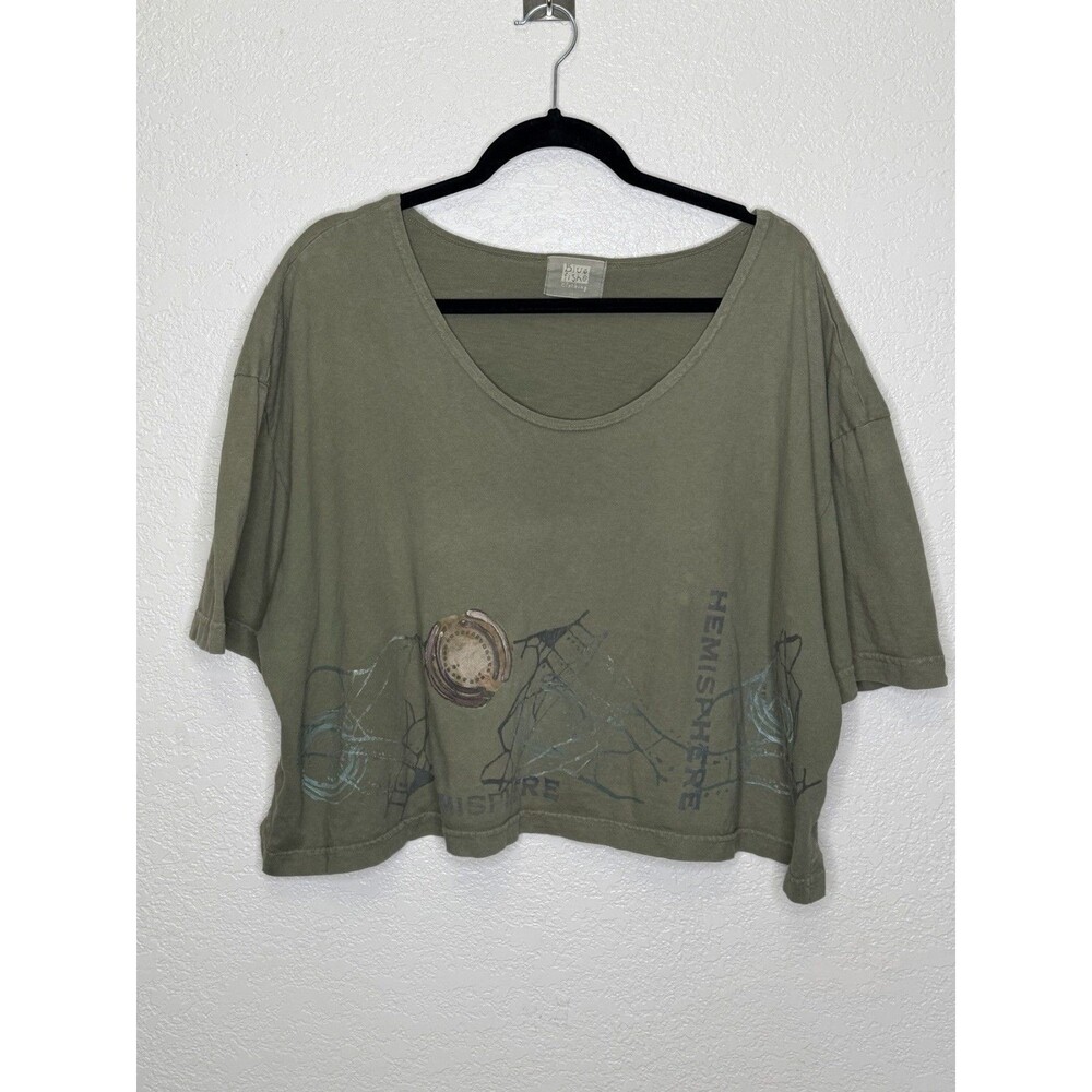 Vtg Blue Fish Clothing Crop T-Shirt Sz M 100% Organic Cotton Hemisphere Art Boxy